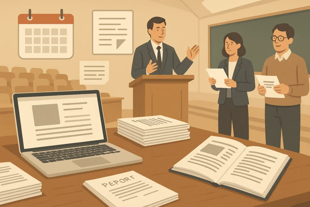An academic conference setting with researchers presenting papers