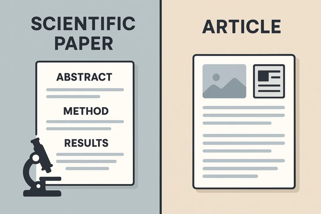 A split-screen visual showing two types of documents: one labeled "Scientific Paper" with structured sections (like Abstract, Method, Results), and the other labeled "Article" with a more narrative format or magazine-style layout.