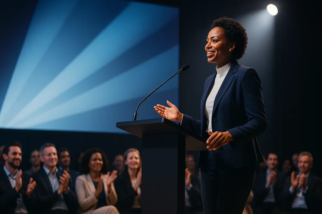 A confident keynote speaker standing at a podium on a stage, speaking to an engaged audience in a conference hall