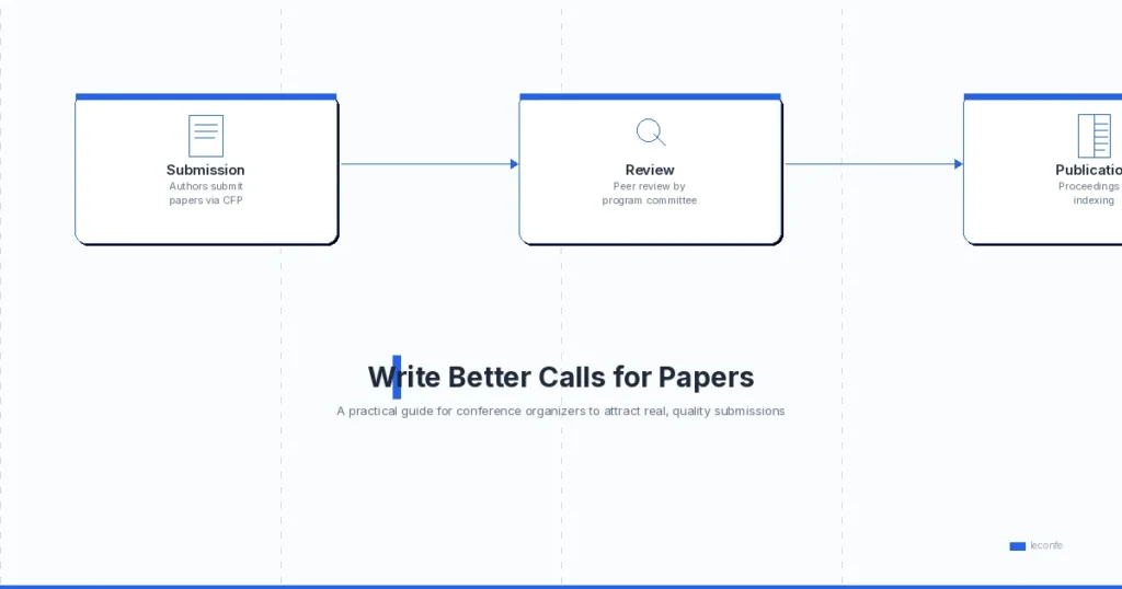 Call for papers writing guide showing three stages: define scope and topics, specify format and instructions, open submissions — connected in one path