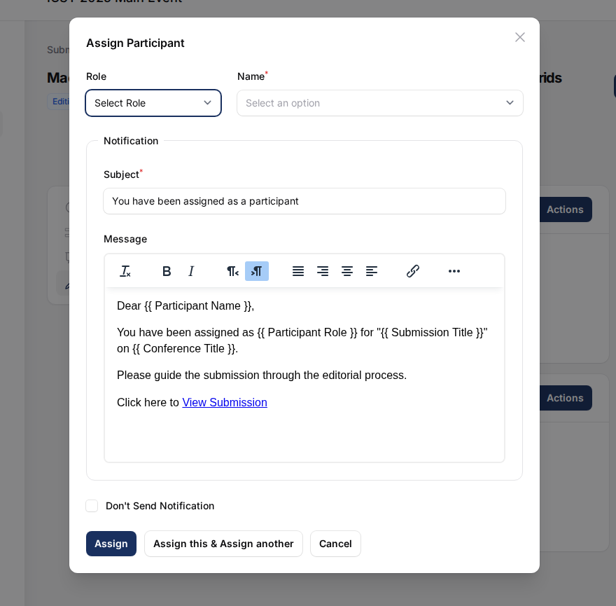 Focused view of the assign participant modal for editor assignment