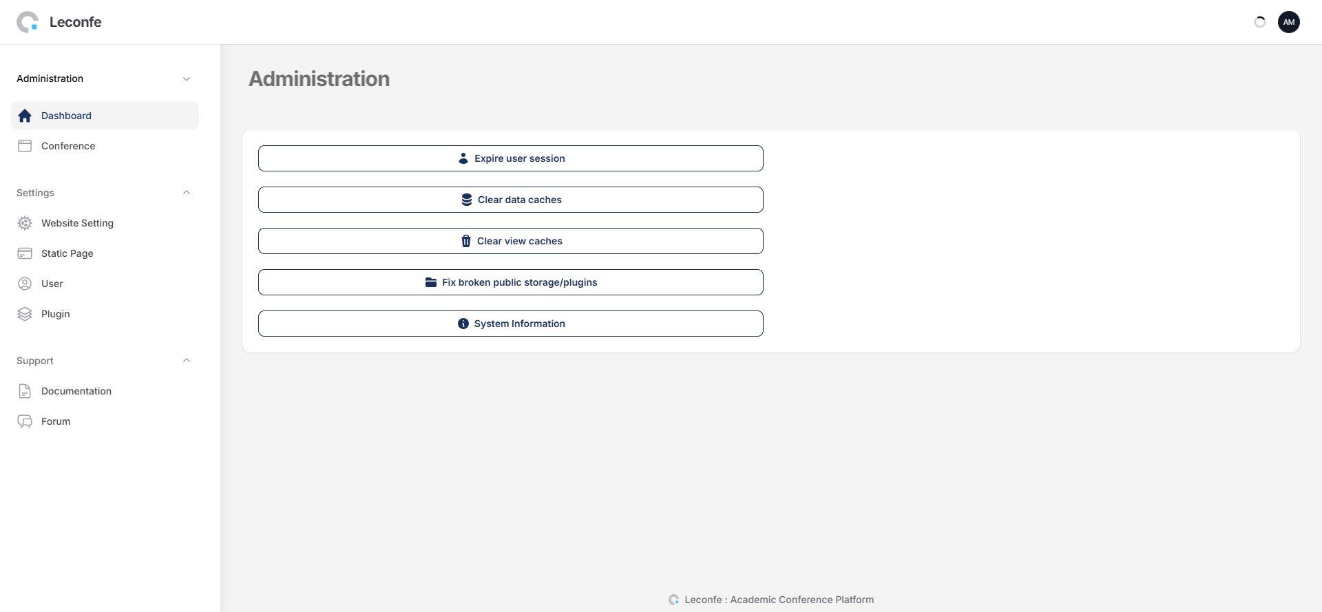 Leconfe Administration dashboard showing maintenance and system tools