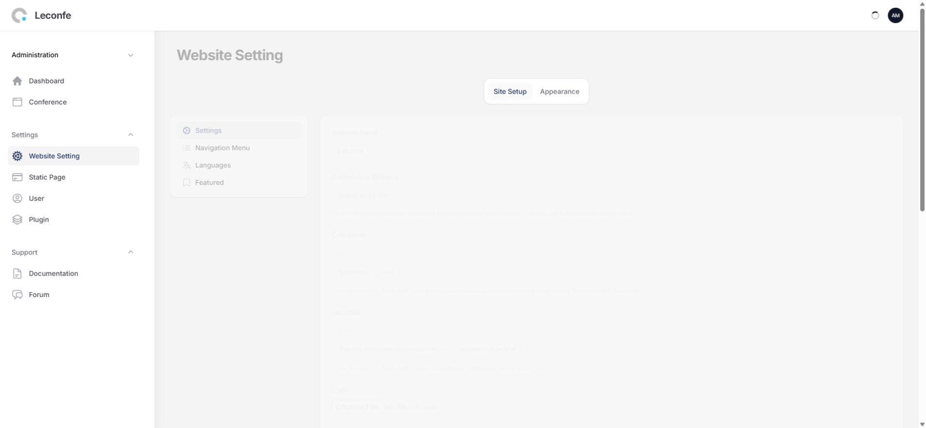 Leconfe Website Settings page showing site setup fields