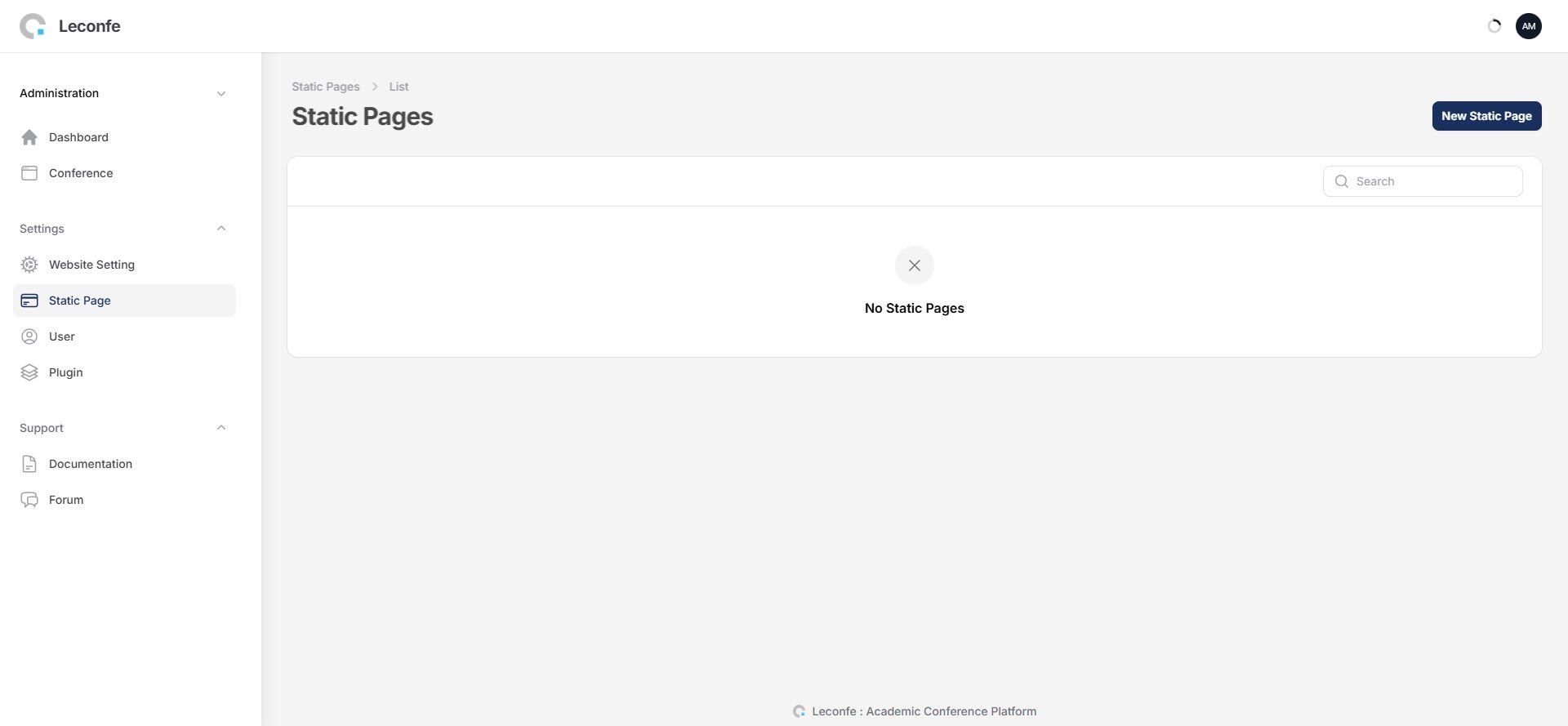 Leconfe Static Page list showing page titles and slugs