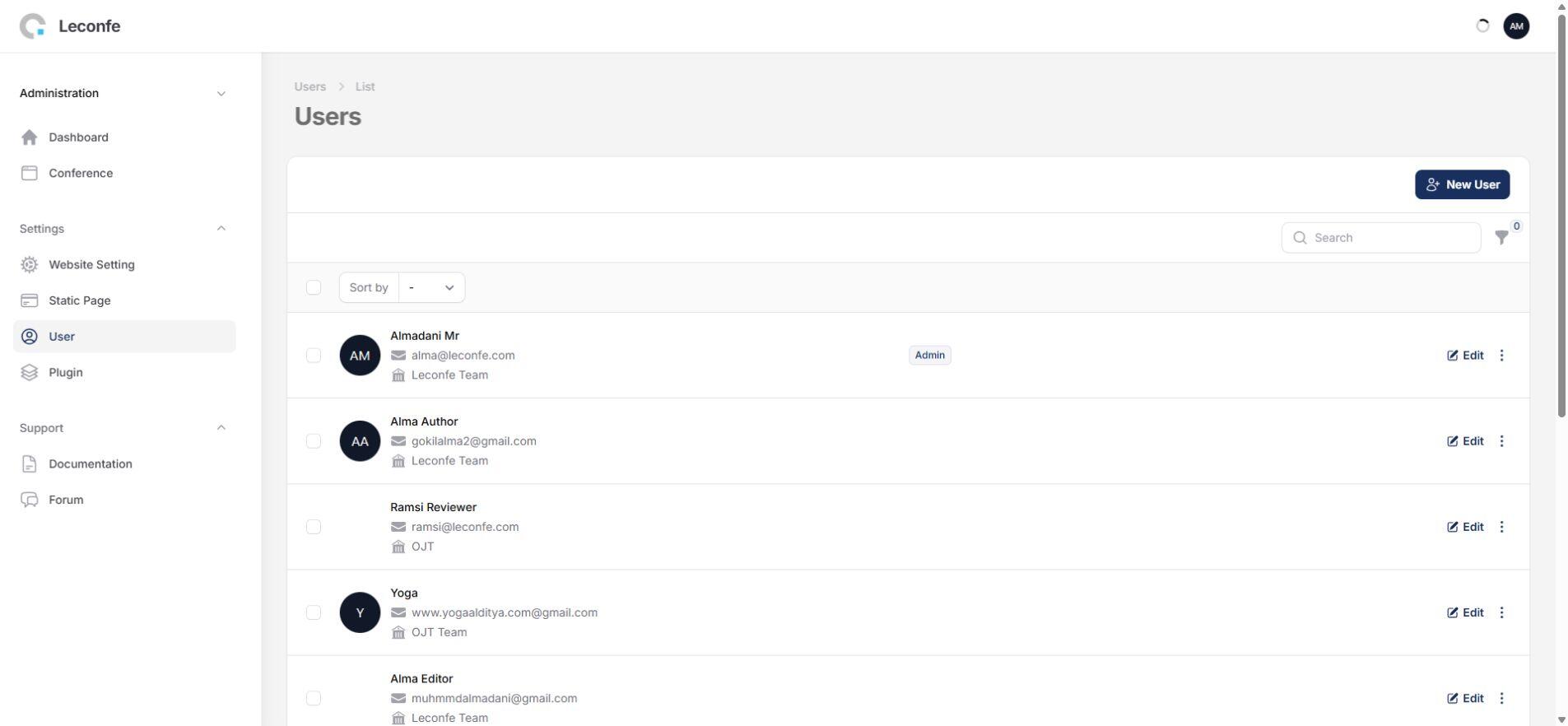 Existing Leconfe user record showing scheduled conference role assignments