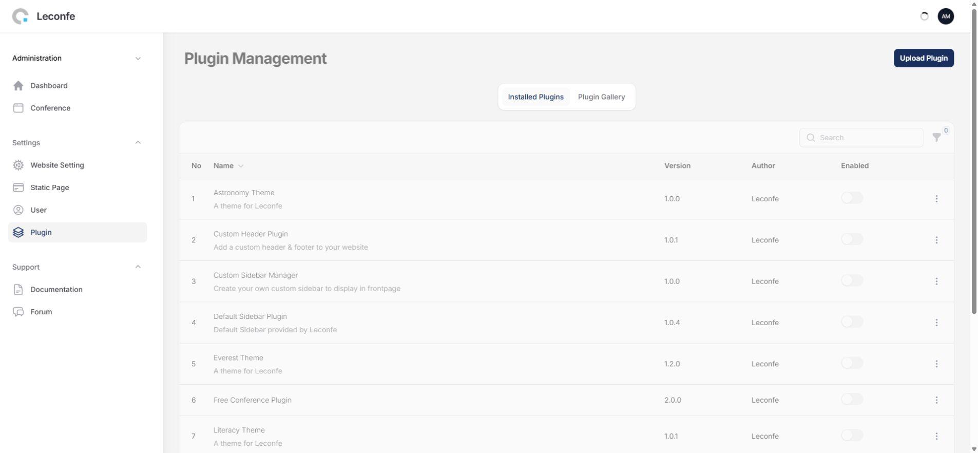 Leconfe plugin management list with installed plugin information