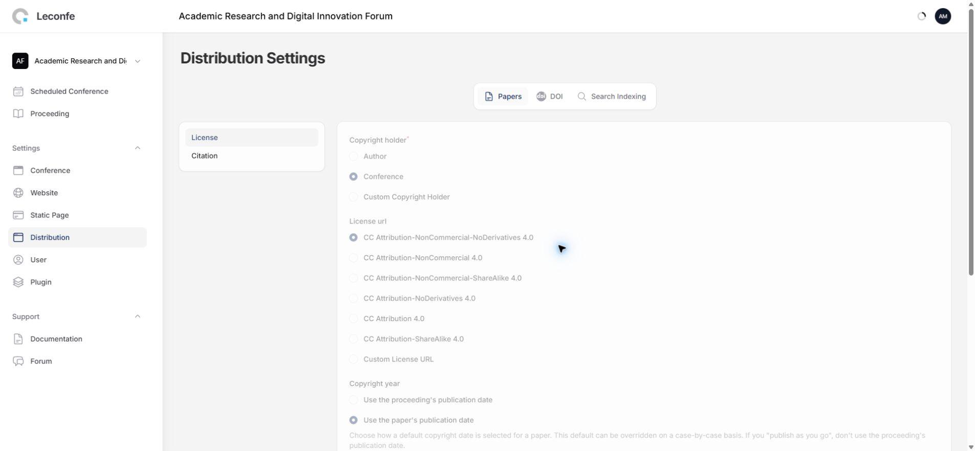 Leconfe Conference Distribution Settings tabs