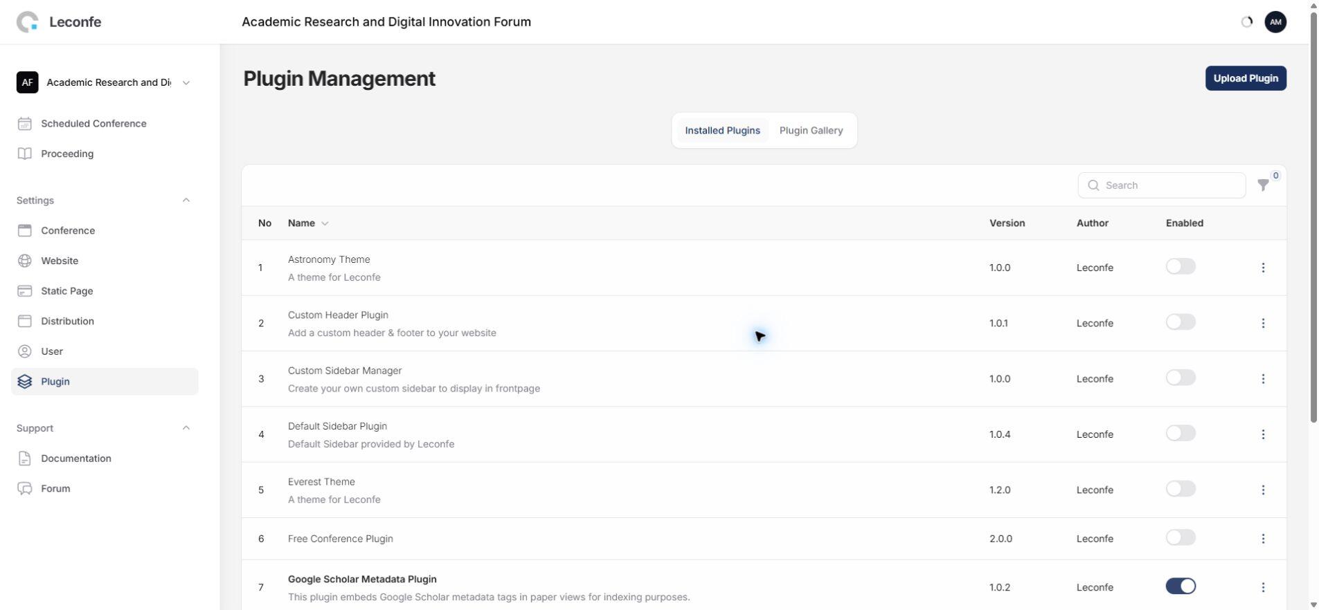 Leconfe plugin management from a Conference panel