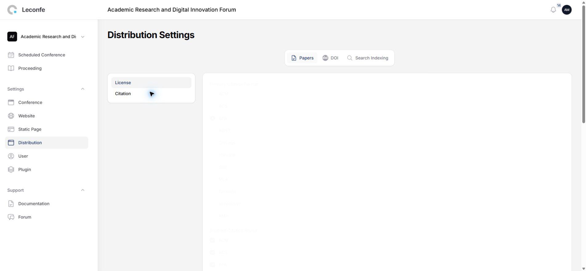 Leconfe citation style and contributor settings