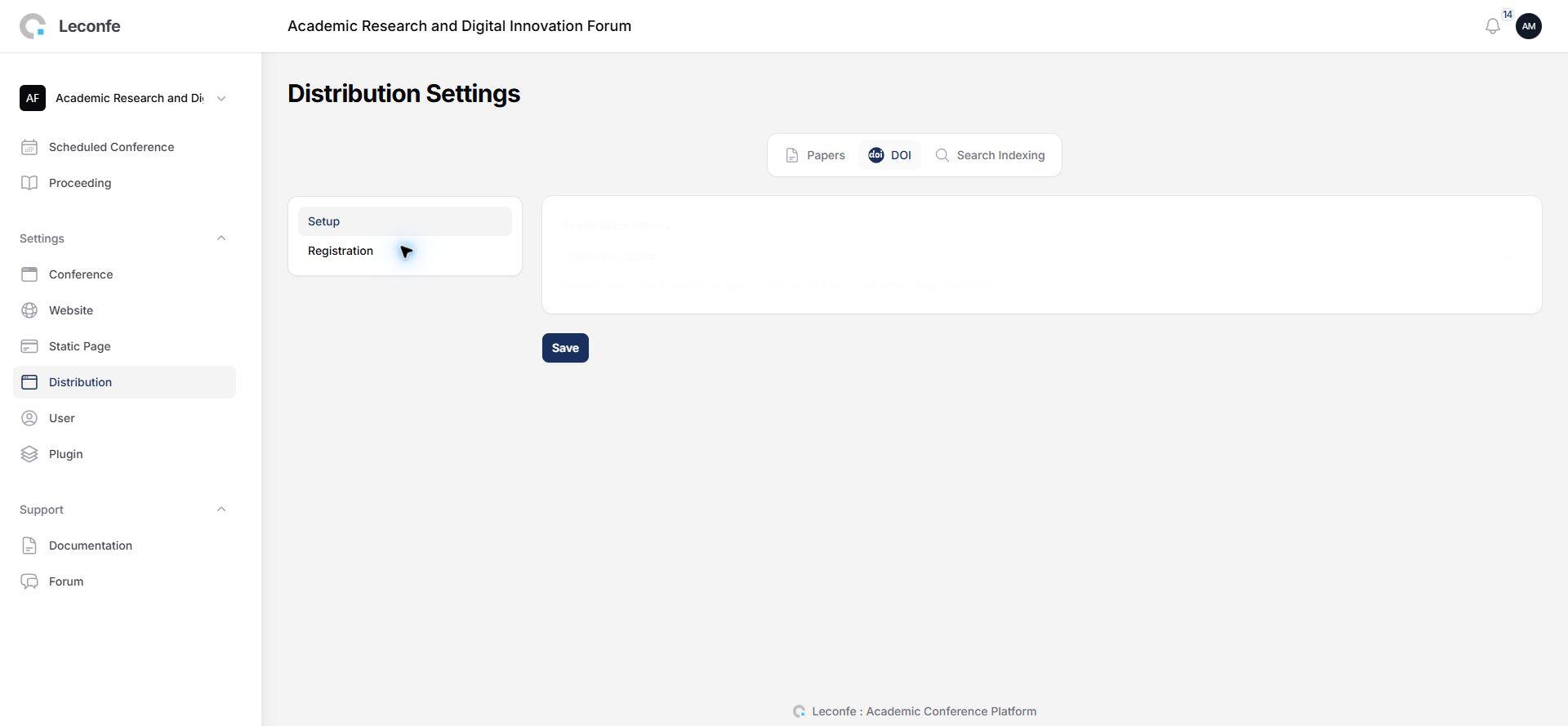 Leconfe DOI registration agency settings