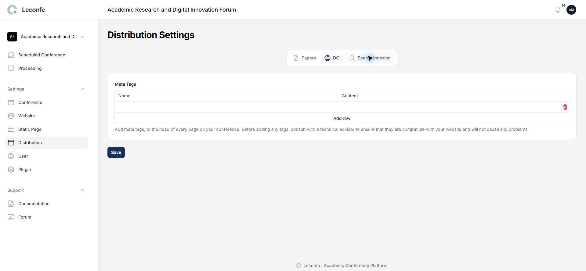 Leconfe search indexing meta tag settings