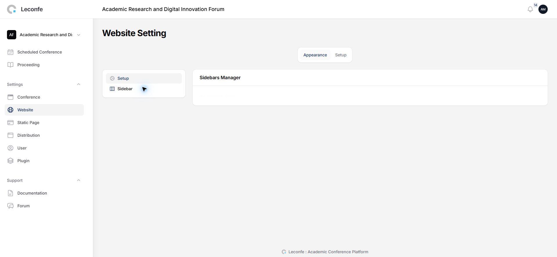 Leconfe Conference sidebar settings
