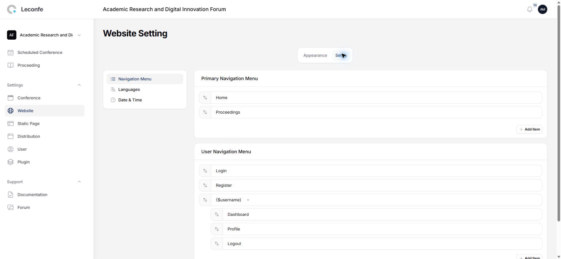 Navigation Menu setup area in Leconfe with the Add Item action