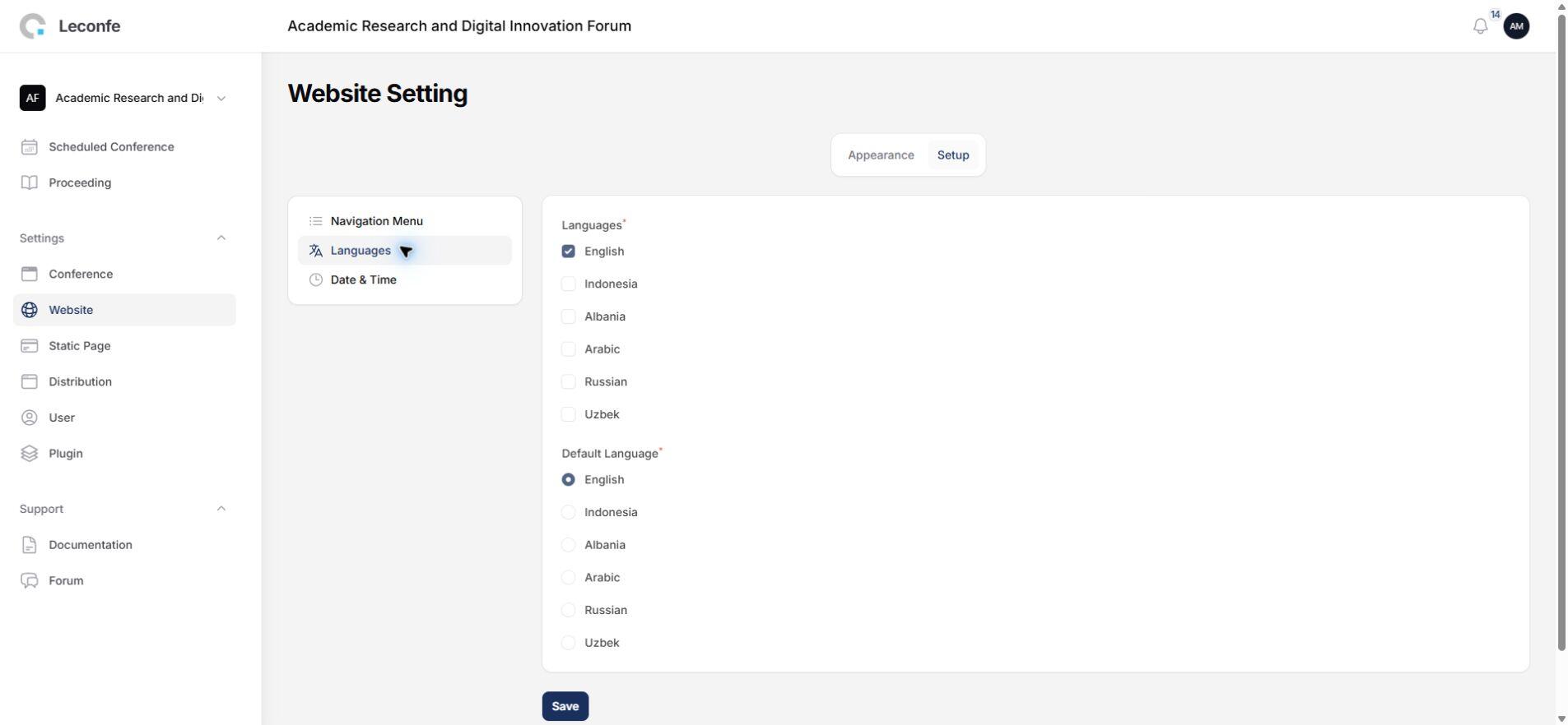 Leconfe language settings for a conference website