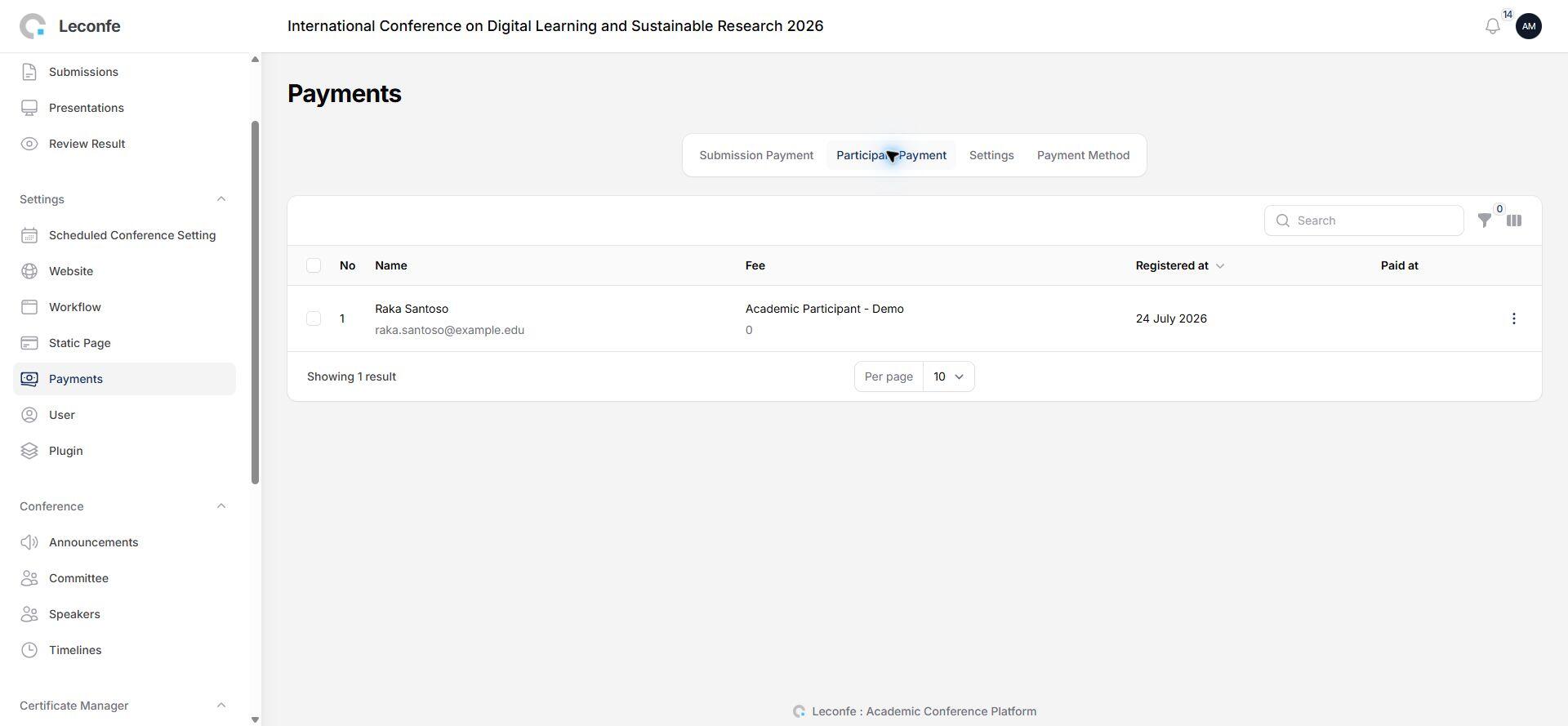 Participant payment records in the current Leconfe 1.5 Scheduled Conference