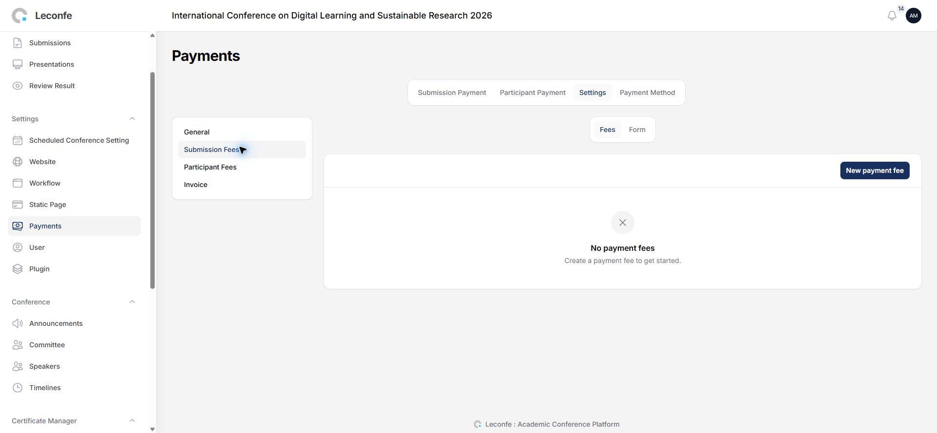 Creating a payment fee