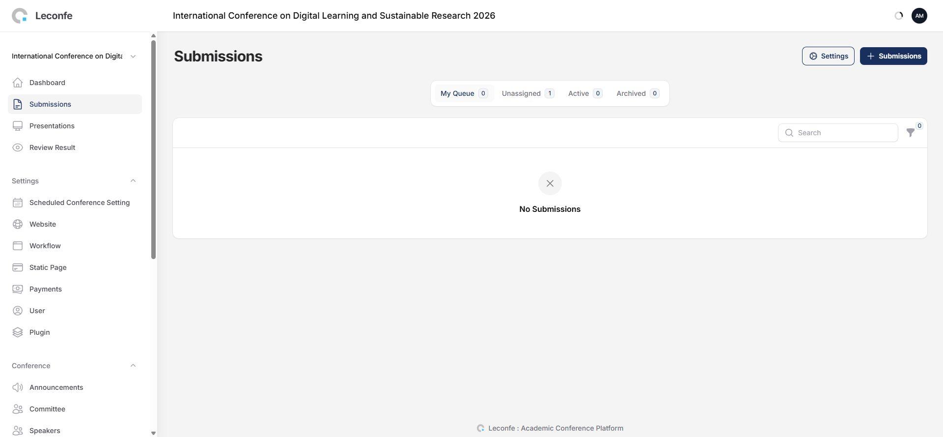 Leconfe submissions list used to locate an article for editorial work