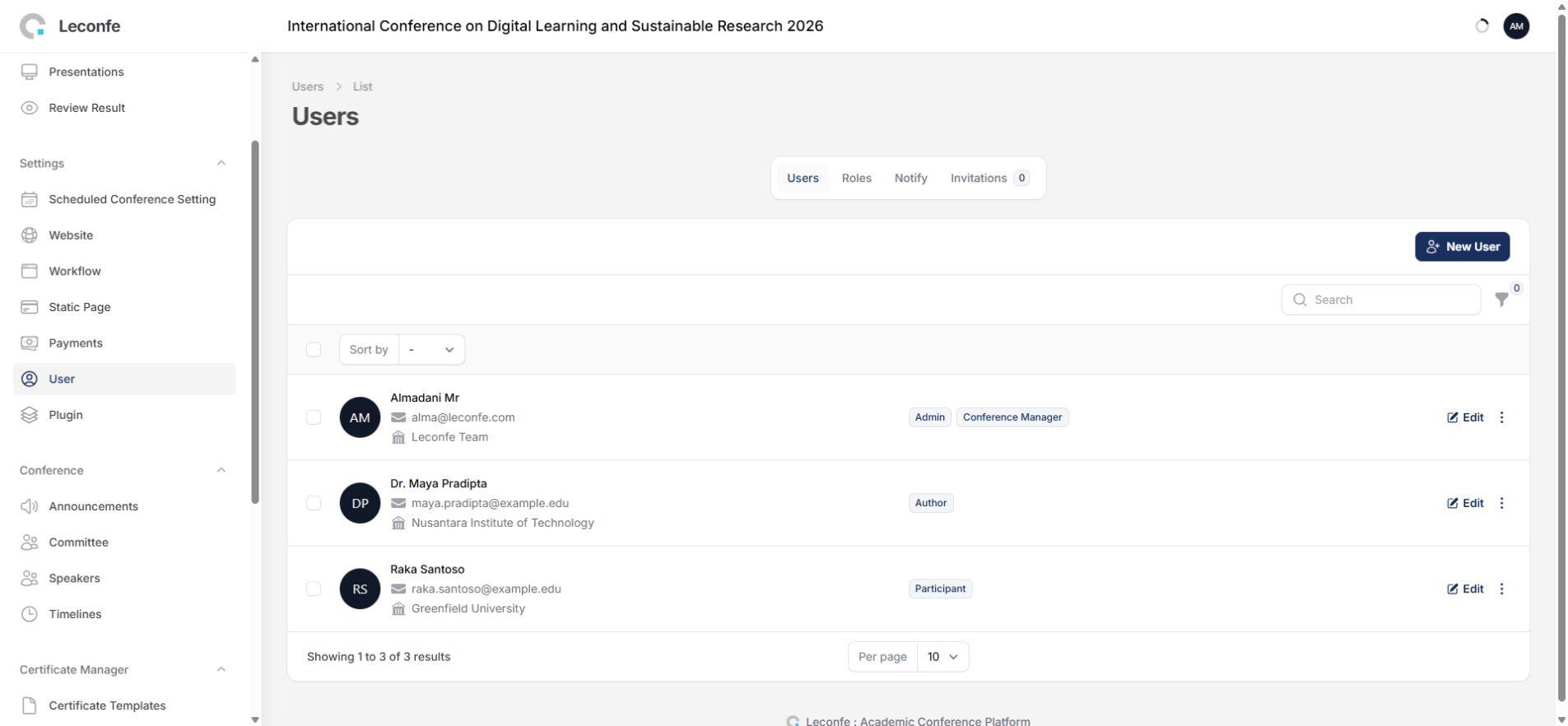 New user form in Leconfe with role assignment controls