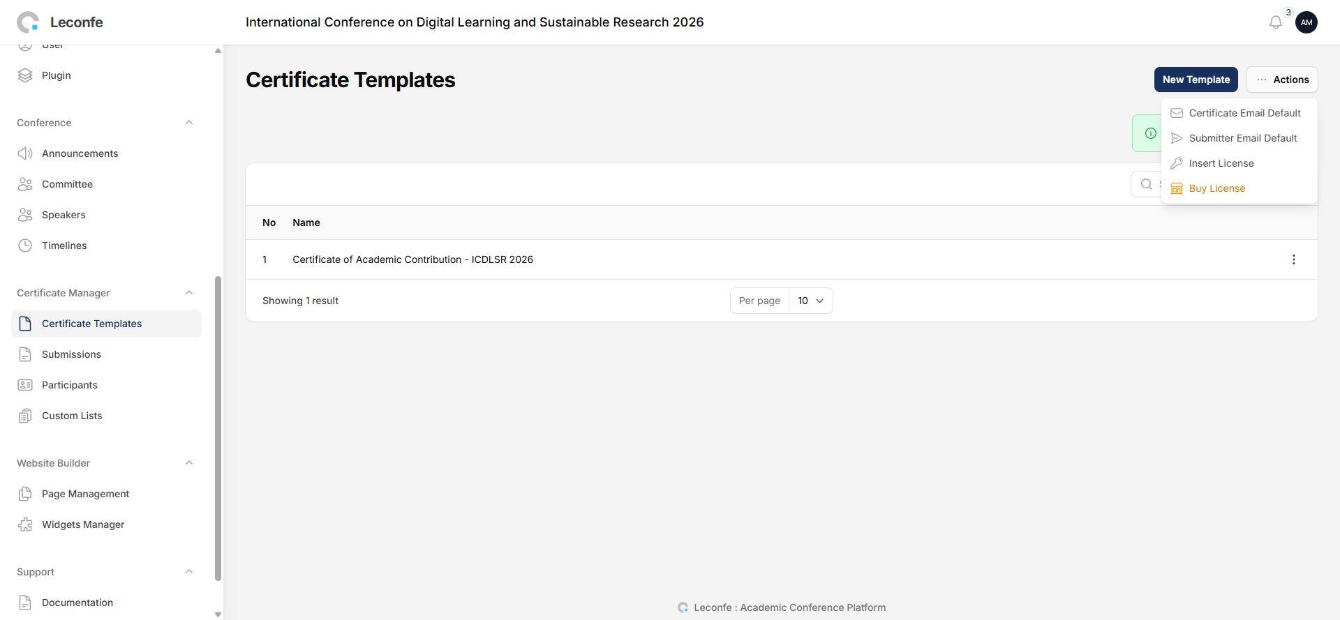 Certificate Manager Actions menu for license and email settings