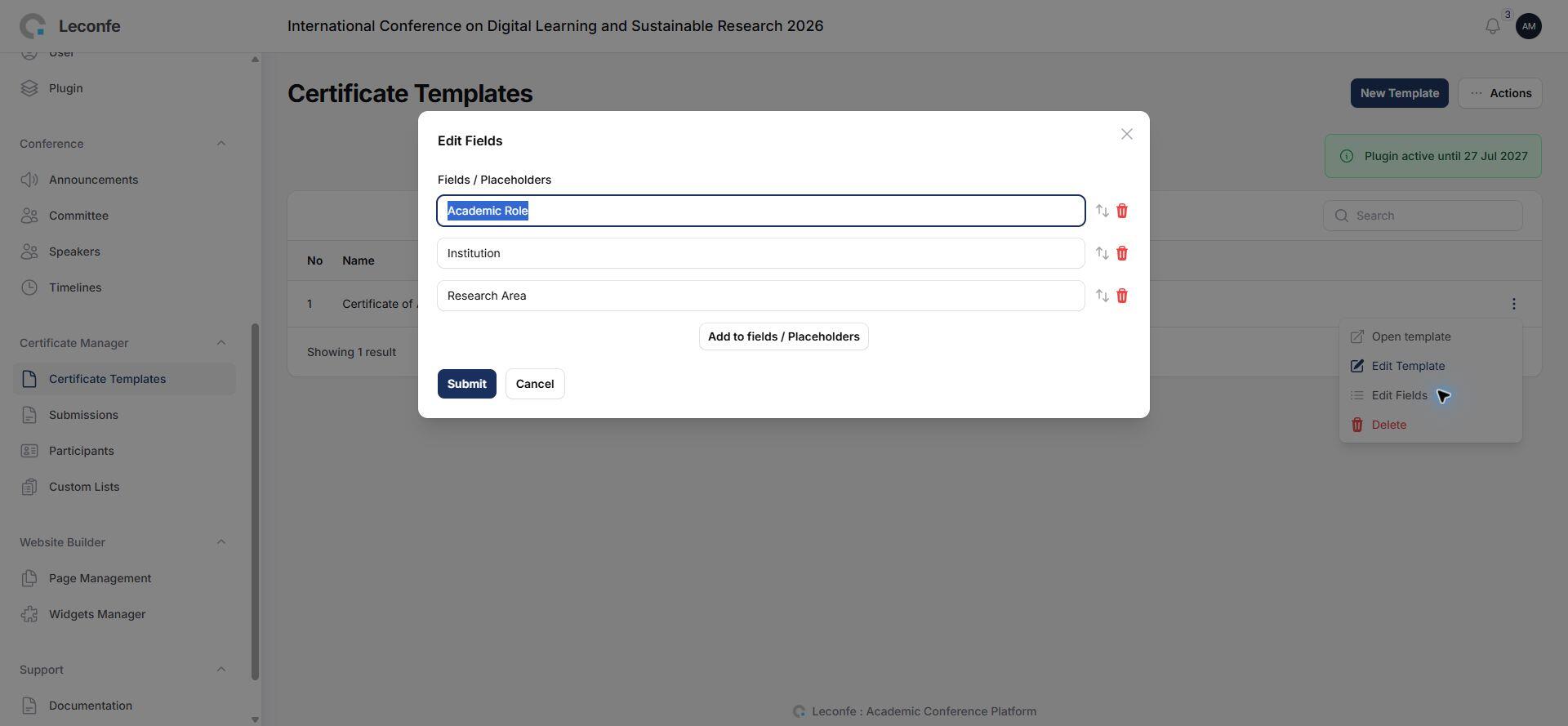 Edit custom certificate fields and placeholders
