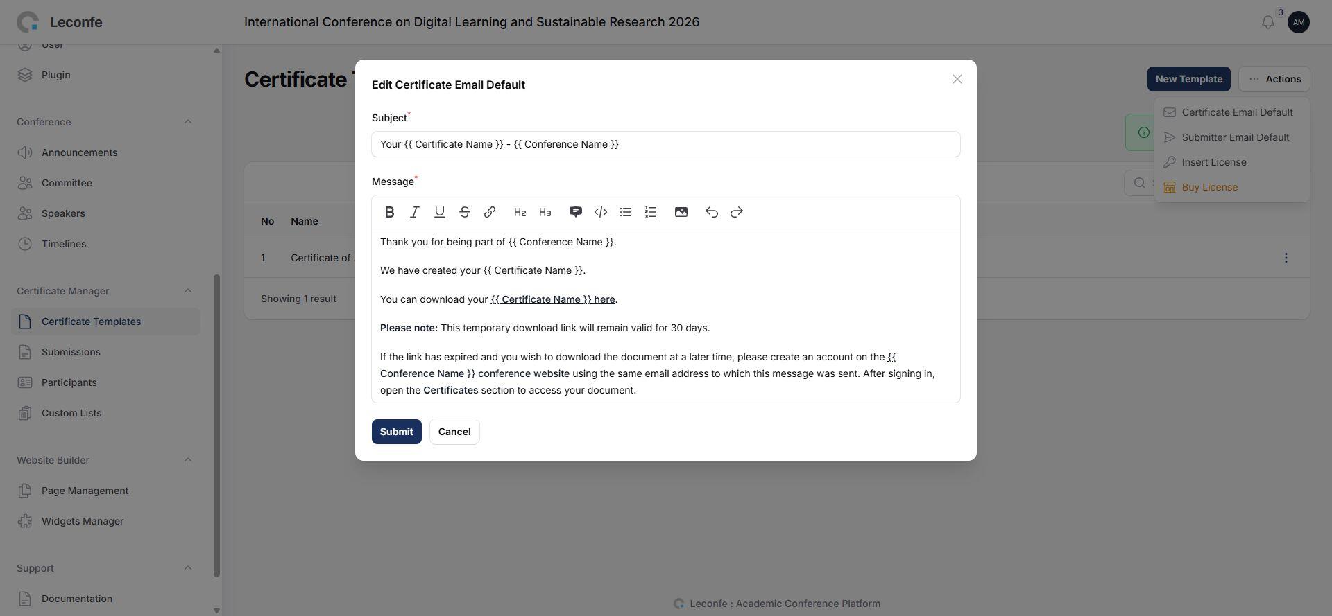 Default certificate email editor in Certificate Manager 2.0.2