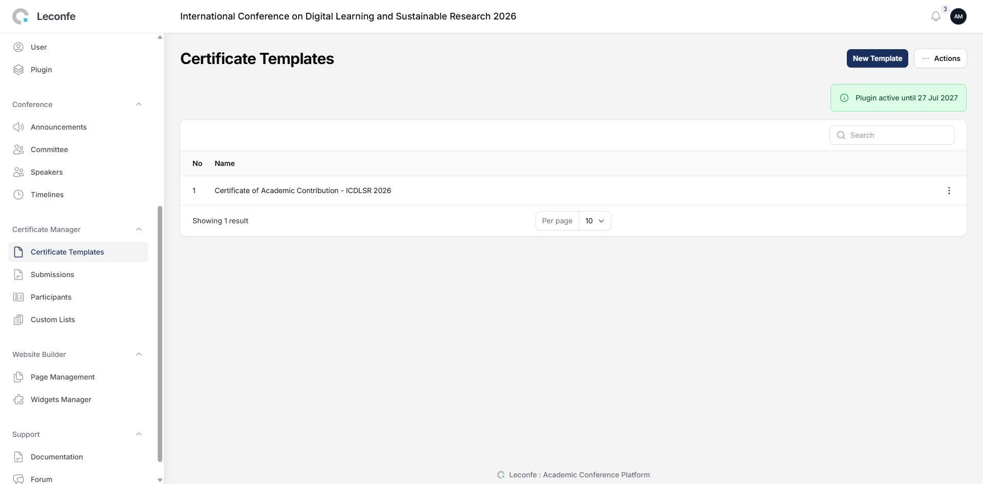 Certificate Manager 2.0.2 Certificate Templates page for ICDLSR 2026